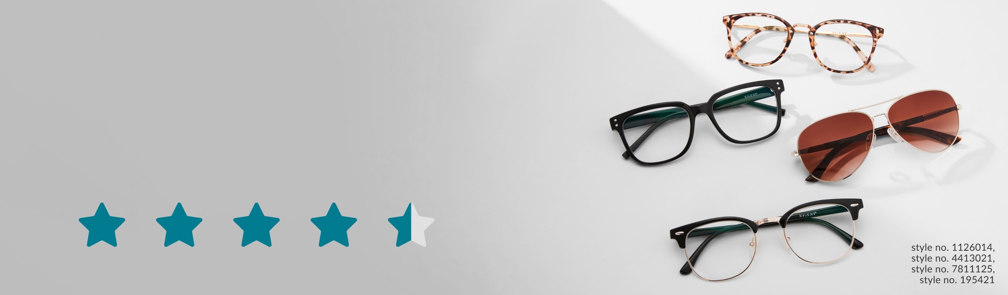 Image of Zenni glasses: tortoiseshell glasses #7811125, black glasses #4413021, aviator sunglasses #1126014, and browline glasses #195421.