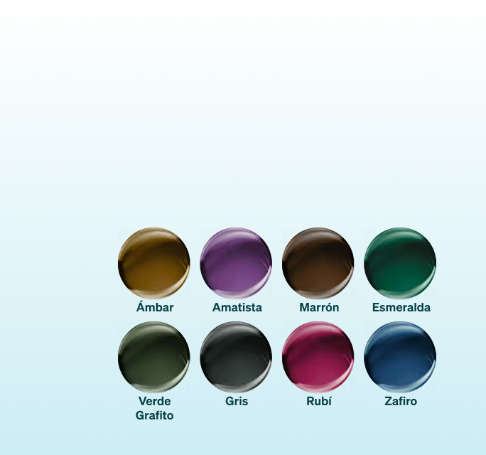 Una cuadrícula con ocho muestras circulares de Lentes que muestran los diferentes colores de la Transition® Gen S™, incluyendo ámbar, amatista, marrón, esmeralda, verde grafito, gris, rubí y zafiro.