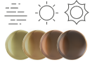 Illustration of an overcast sky with a light green lens below, a sun with a copper lens below, and a bigger sun with a brown lens below.
