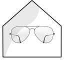 An illustration of glasses with clear lenses inside a trapezoid representing a house.