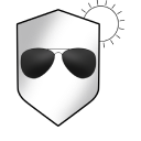 An illustration of glasses with dark lenses superimposed on a shield shape with the sun behind.