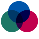 An illustration of a blue, red, and green lens that are overlapping slightly.