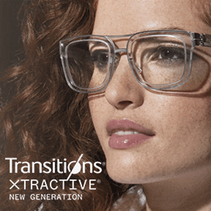 A woman wearing clear rectangle frames with Transitions lenses that go from clear to dark.
