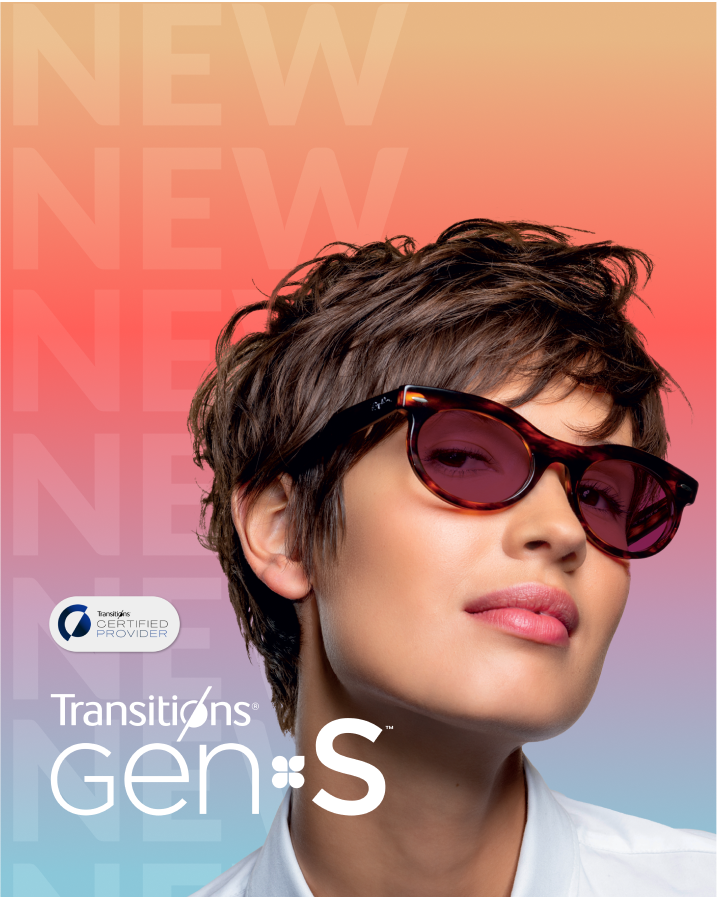 A woman in tortoiseshell glasses with ruby red Transitions Gen S lenses that change from clear to dark.