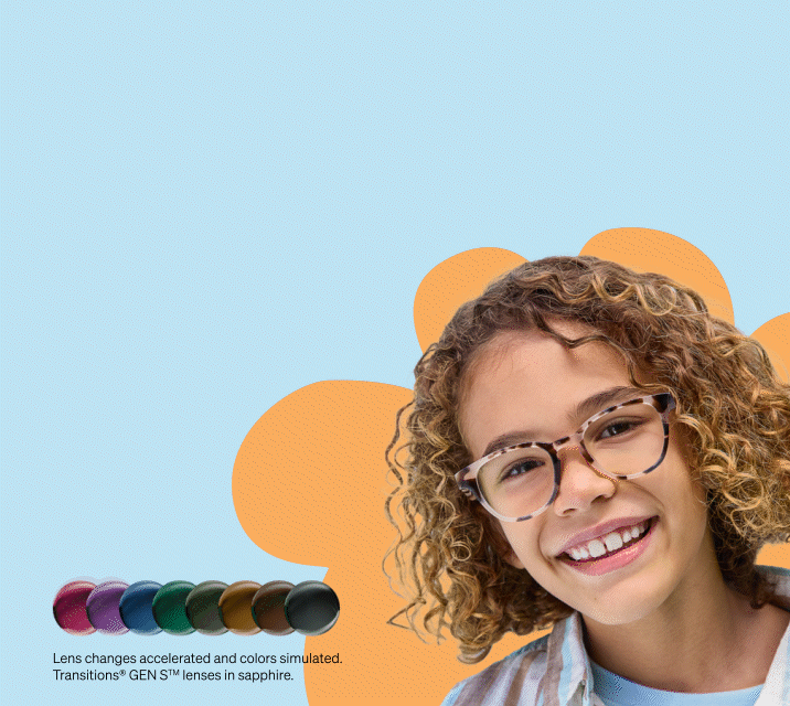 A smiling child with curly hair wears translucent tortoiseshell glasses against a light blue background with an orange flower shape, showcasing Transitions® GEN S™ lenses in sapphire.