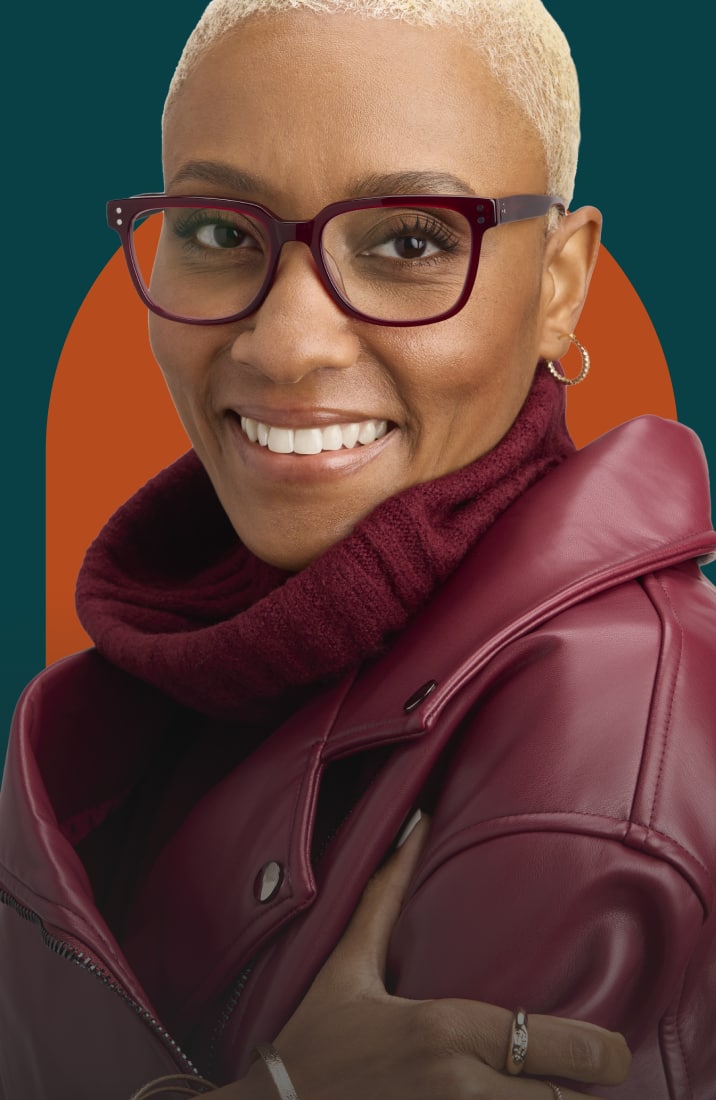 Three diverse models wearing oval, rectangular, and embellished cat-eye eyeglasses against a dark green and rust-orange background.