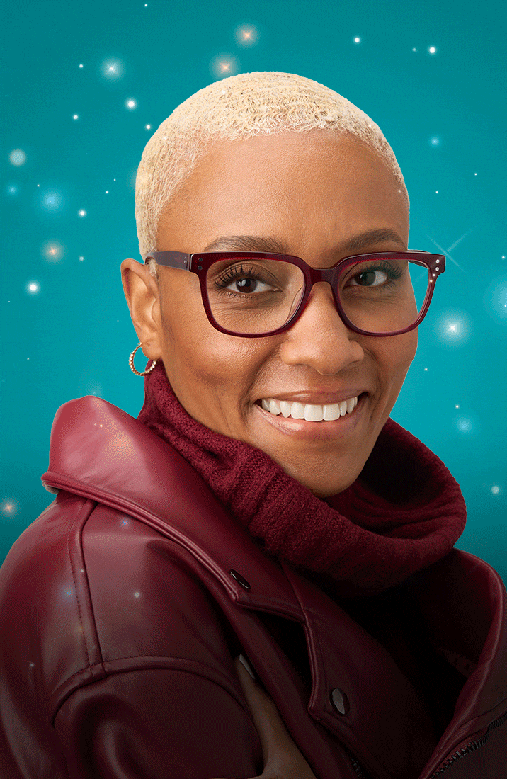 Three models smiling in Zenni glasses against a festive teal background.