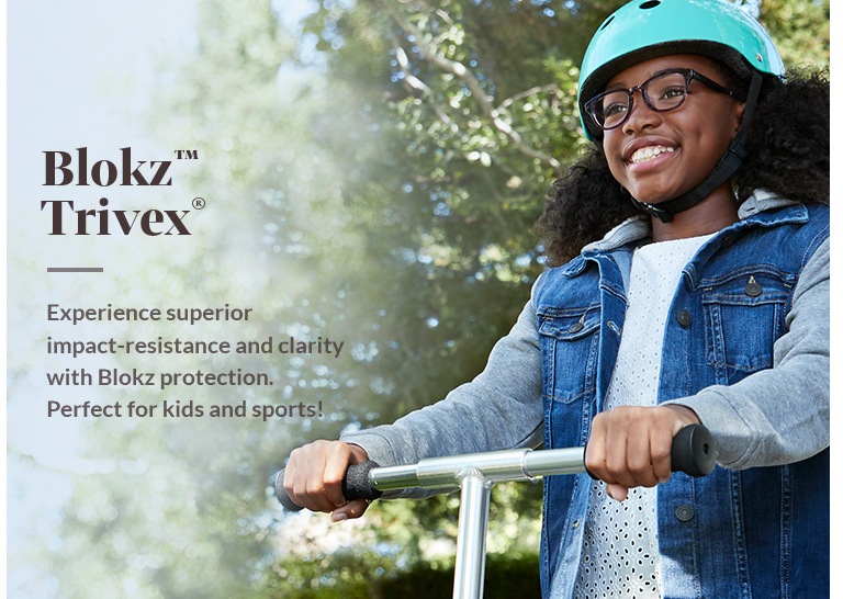 Young girl smiles while riding a scooter outside wearing medium-sized square glasses #4441239 in purple tortoiseshell from the Style Squad kids’ collection with Blokz Trivex lenses.