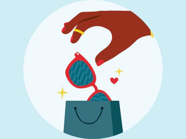 Illustration of a hand picking up red rectangle Zenni sunglasses from a shopping bag.