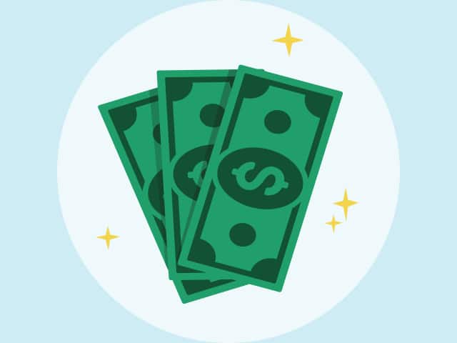 Illustration of three green dollar bills on a white background with three floating gold stars.