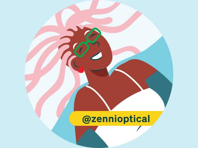 Illustration of a person with pink strands of hair, wearing green square Zenni glasses.