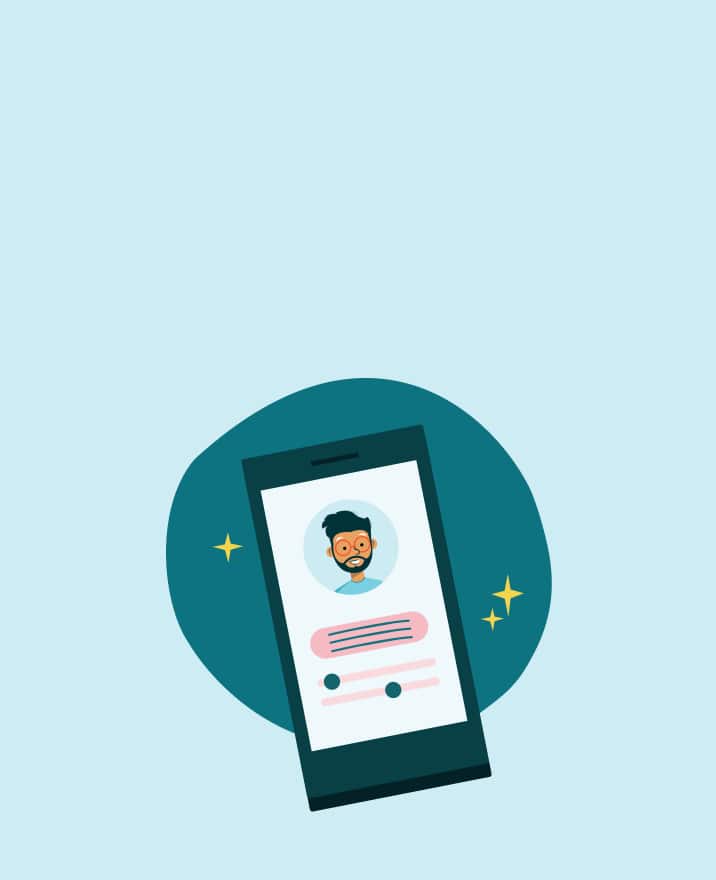 Illustration of a person with glasses on a smartphone screen.