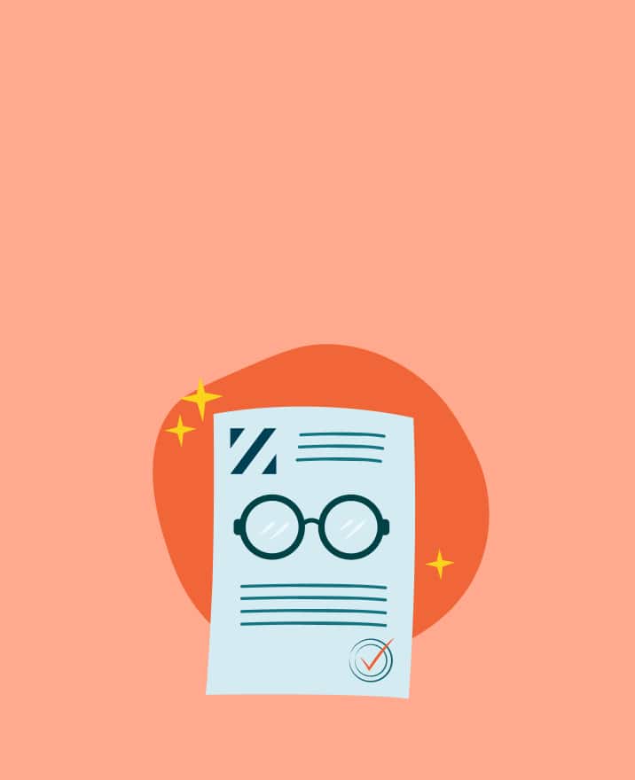 Illustration of an application form with turquoise glasses and a yellow checkmark.