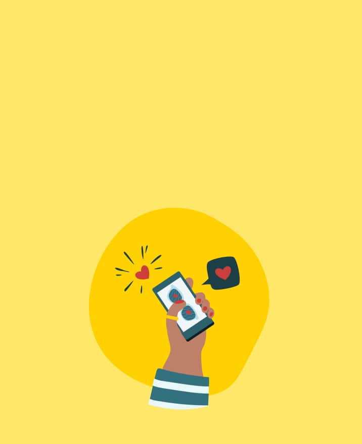 Illustration of a hand holding a smartphone displaying Zenni glasses and illustrated hearts on either side.