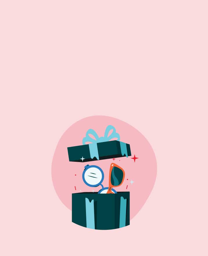 Illustration of blue round Zenni glasses and orange square Zenni sunglasses inside a turquoise gift box.