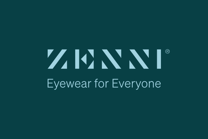 Zenni logo above Eyewear for Everyone tagline in light blue letters on a dark teal green background.