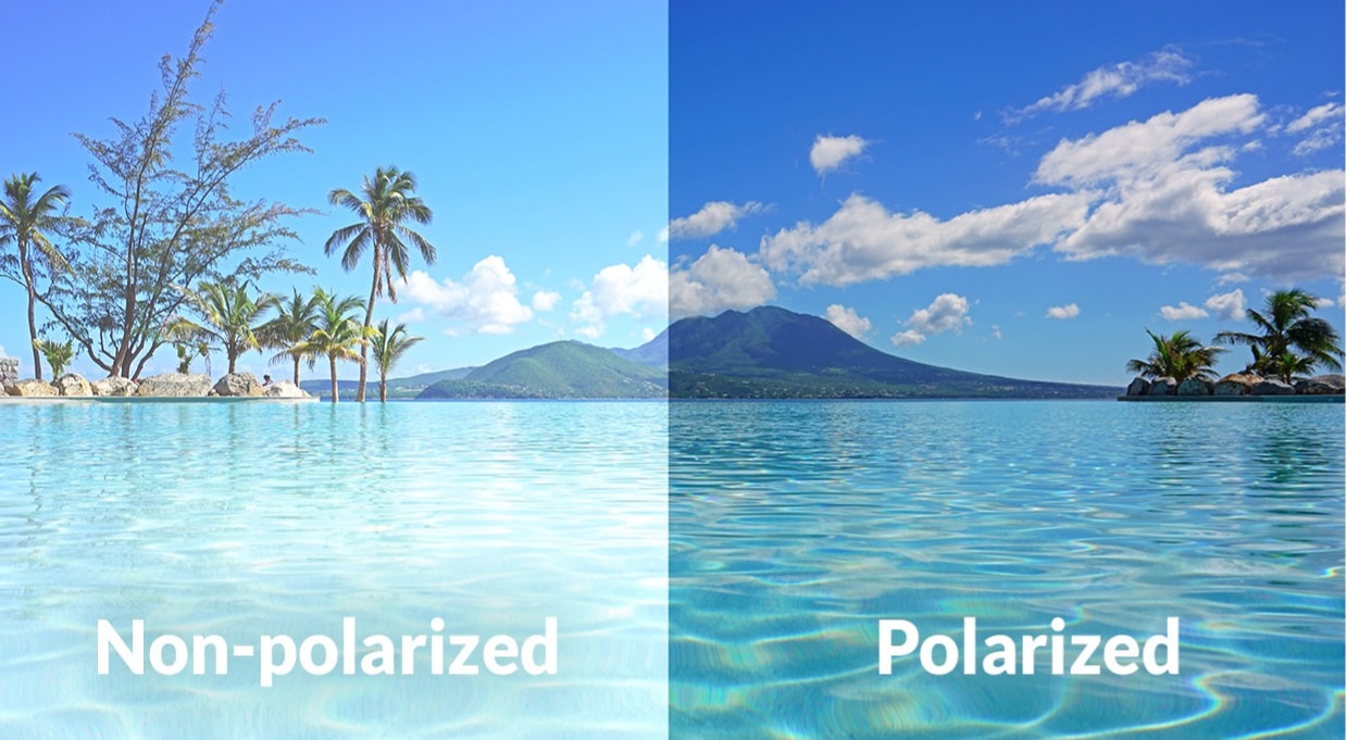 Side-by-side images of a rocky stream with the left side showing glare with non-polarized lenses and no glare on the right with polarized lenses.