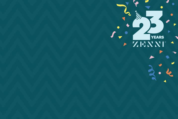 Zenni 23 years on a teal background with multicolored confetti. The 2 is wearing a birthday hat.