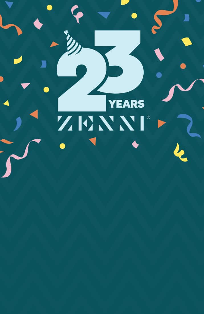 Zenni 23 years on a teal background with multicolored confetti. The 2 is wearing a birthday hat.