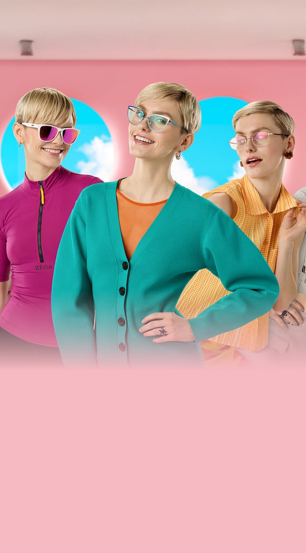 One model showing three different looks, wearing Zenni glasses and sunglasses in colorful styles posing together against a vibrant background.