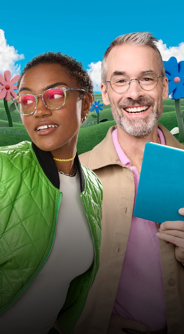 Two smiling people wearing stylish eyeglasses stand in a whimsical landscape with green hills, colorful 3D-style flowers, and a bright blue sky.