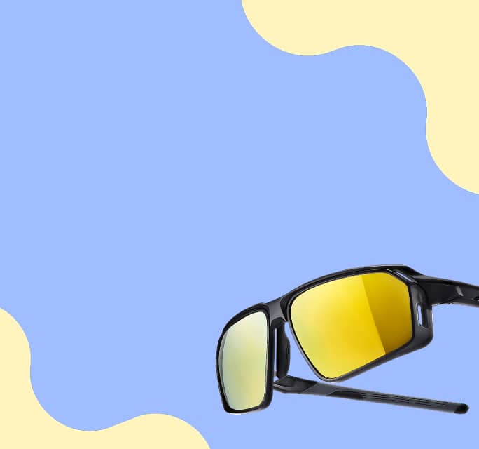 Close-up of black rectangular sport sunglasses featuring vibrant yellow reflective lenses, floating against a solid periwinkle blue background with abstract pale yellow waves in the corners.