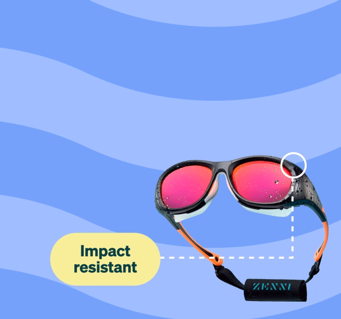 Black wrap-around sports sunglasses with red mirror finish Zunscreen sun lenses. Additional text: Removable inner seal; Anti-slip inner temples; Impact resistant; Removable floating ring