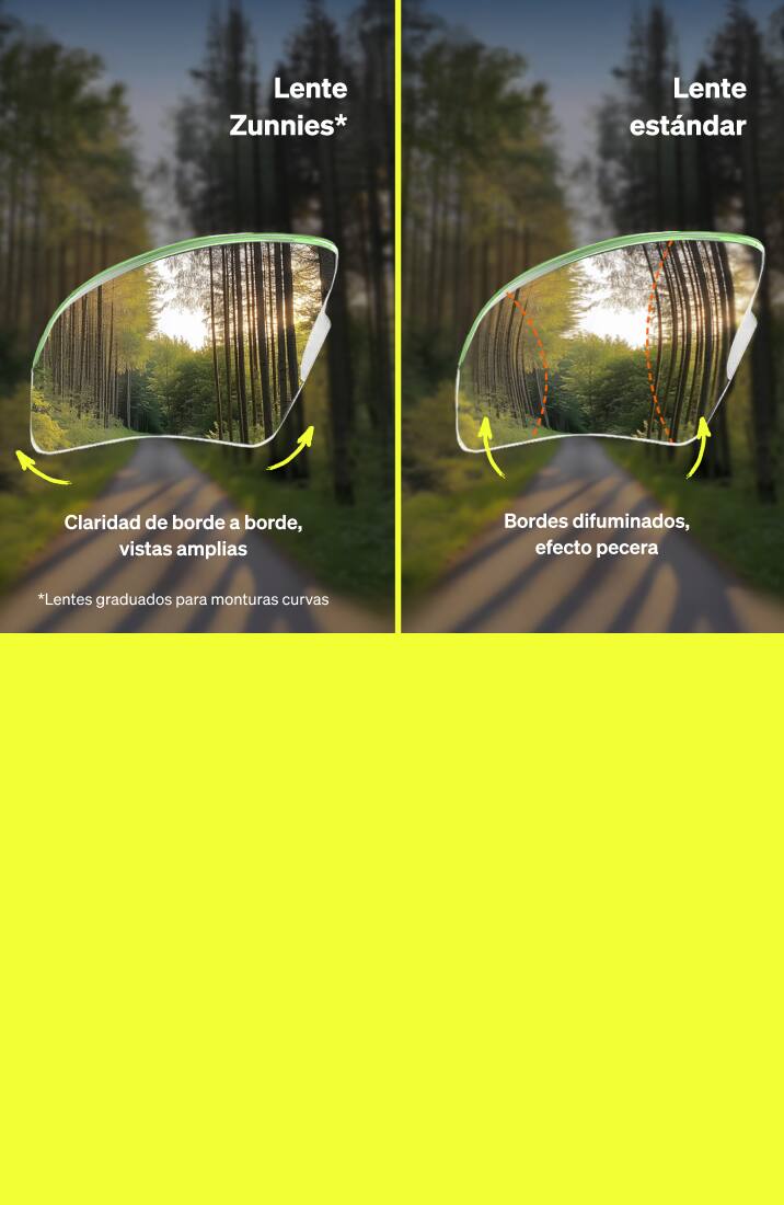 La vista a través de la Lente Zunnies™ muestra una vista clara y amplia de un sendero forestal; El objetivo estándar muestra árboles y bordes difusos y distorsionados.