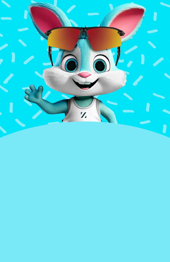 The Zunnies mascot, Ziggy, is wearing mirrored Zunnies sunglasses and waving a paw.