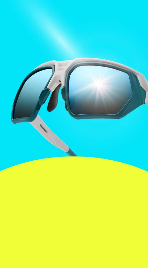 Close-up of Zunnies sports sunglasses with polarized lenses, reducing glare for sharp detail on a blue and yellow background.