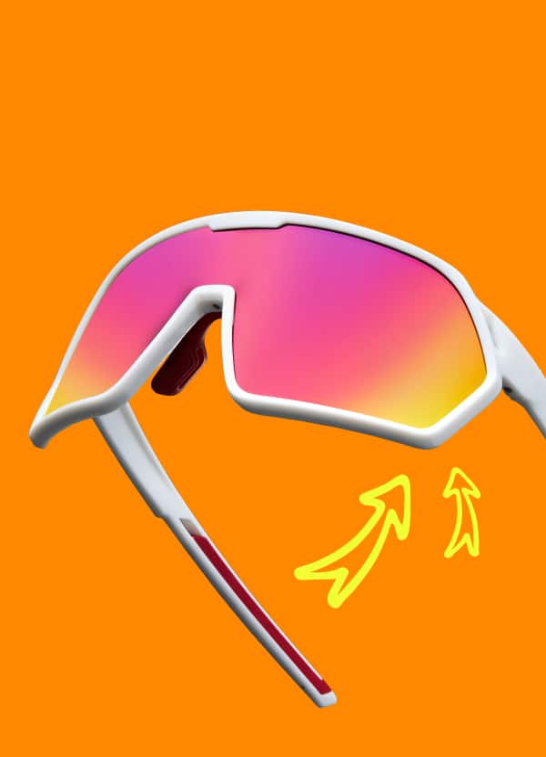 Close-up of white Zunnies sunglasses with mirrored multi-colored lenses, shown with motion arrows on an orange background.