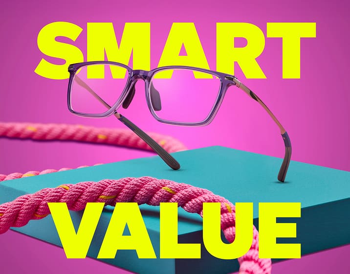 Square Zunnies Active Style eyeglasses hovering above a teal block with a pink rope on a magenta backdrop.