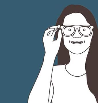 Illustration of a woman with long dark hair trying on a pair of Zenni glasses.