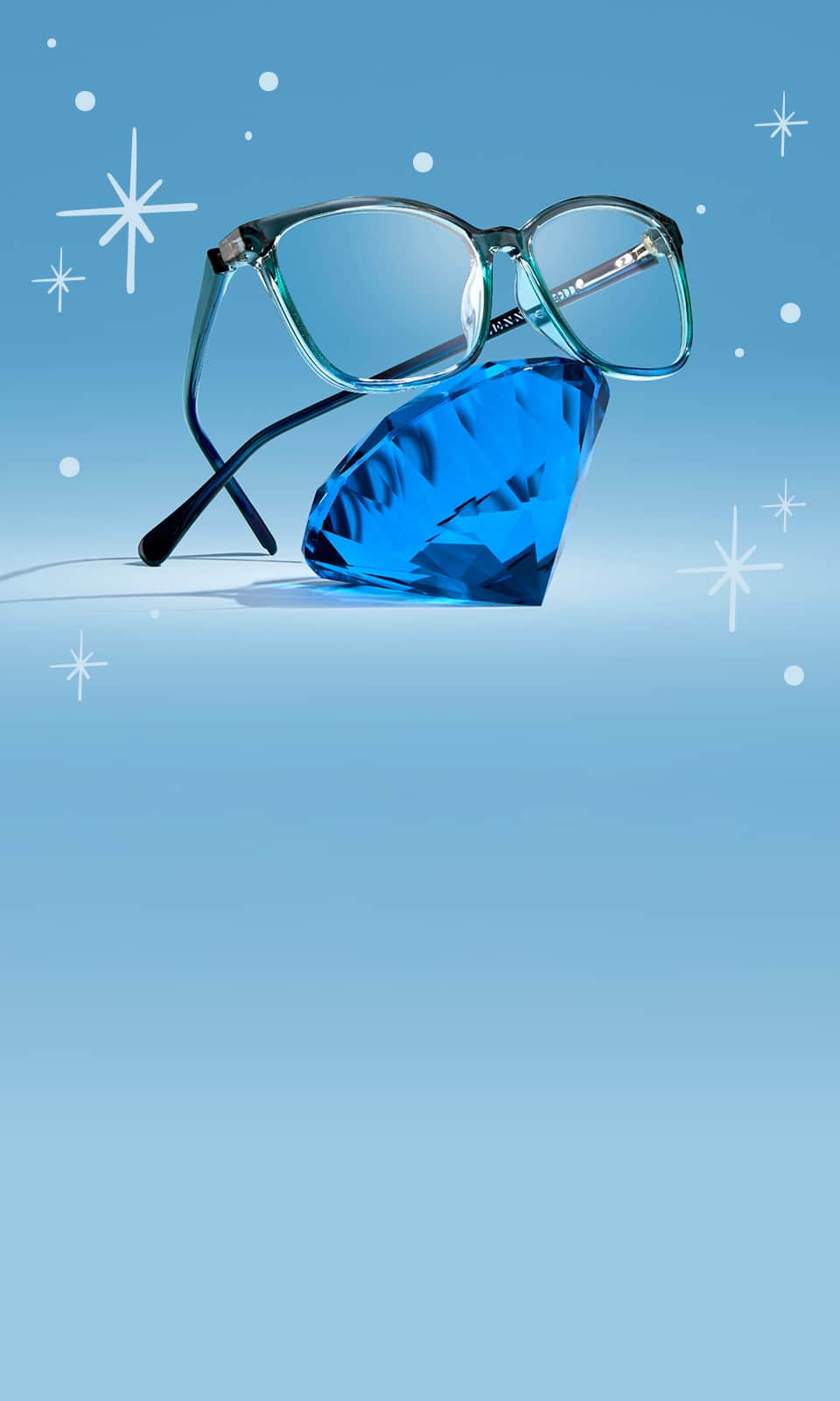 A pair of gray and white square glasses resting on an oversized sapphire gem, on a blue background with an illustrated sparkle motif.