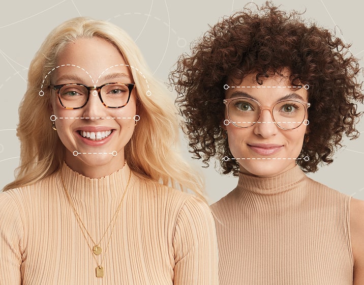 Image of two women wearing Zenni frames with example face measurement lines indicating an oval and diamond faces shape.