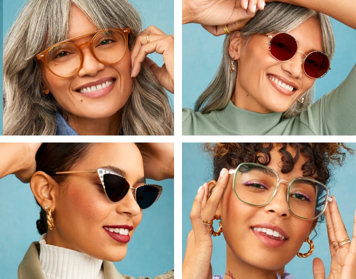 Image of four women each wearing Zenni glasses in different frame shapes including browline, round, cat-eye, and oval shapes.