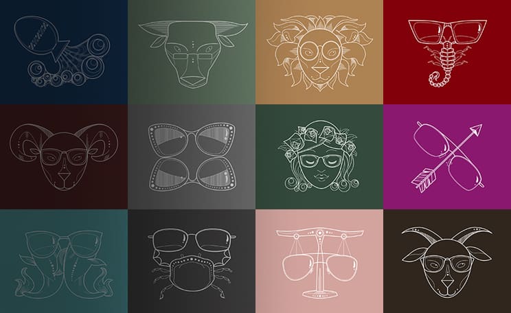 Line illustrations of the 12 zodiac signs with glasses.