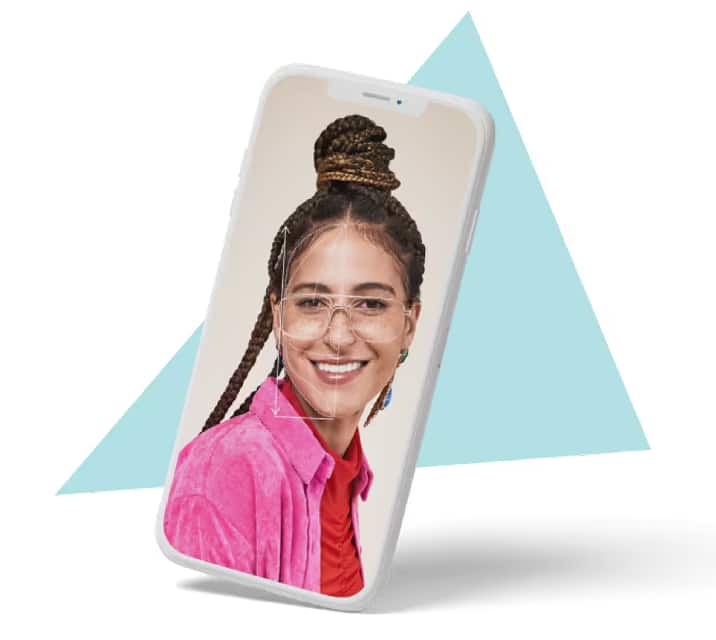 woman wearing aviator glasses on iPhone prototype to show virtual try on