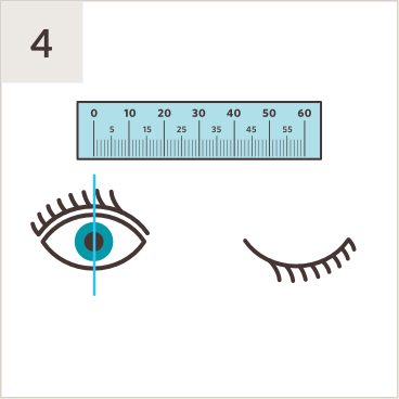Illustration of PD ruler above a pair of eyes, with line measuring middle of left pupil while right eye is shut.