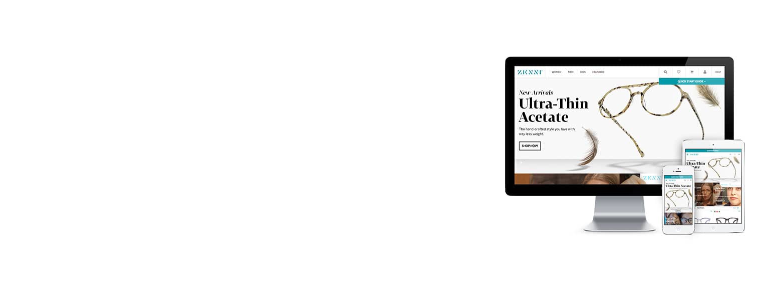 Zenni website displayed within a desktop monitor, laptop, mobile phone and tablet.