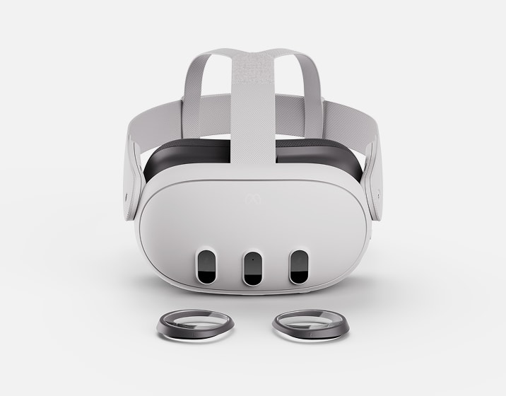 Meta Quest 3 VR headset with two Zenni VR lens inserts in front.