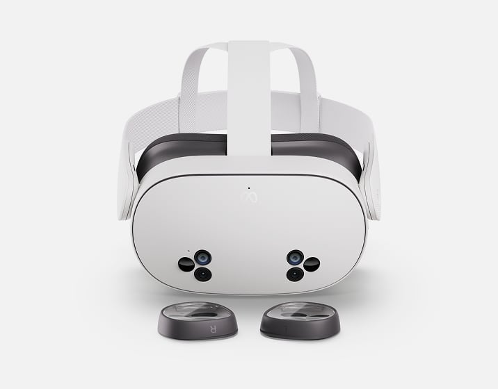 Meta Quest 3S VR headset with two Zenni VR lens inserts in front.