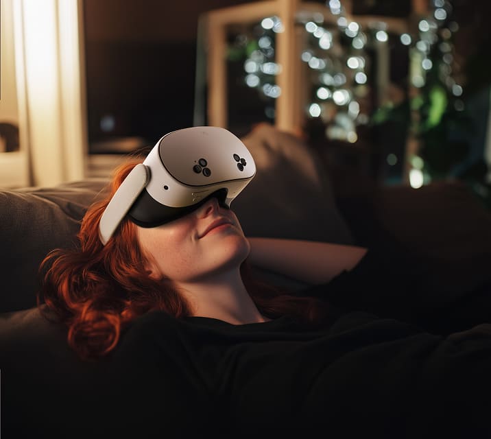 Person with black hair wearing a Meta Quest 3 VR headset over their face and holding a hand controller in their right hand.