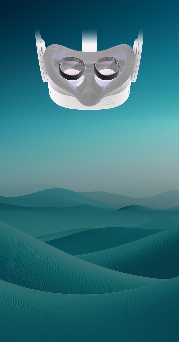 Meta Quest VR headset with custom Zenni VR lens inserts againset a varied teal background.
