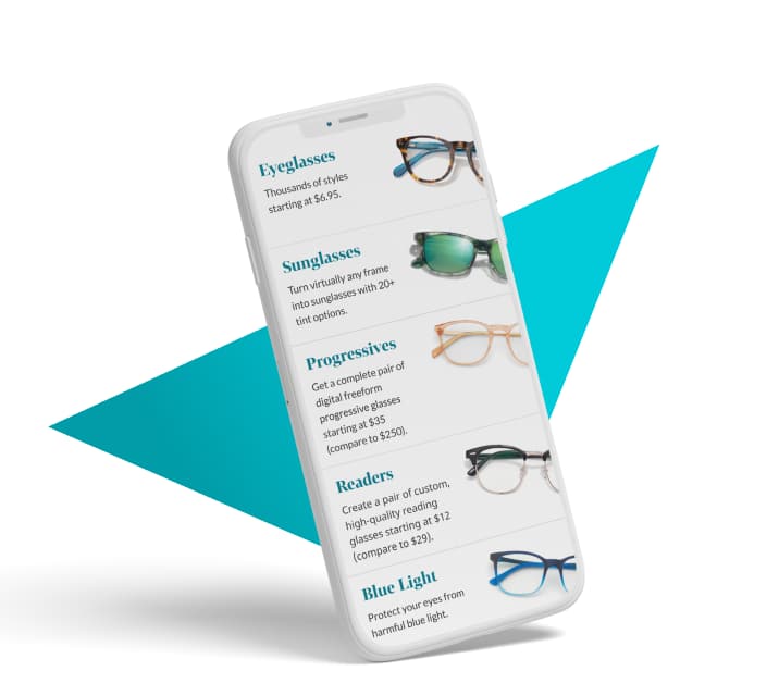 Image of a phone with the Zenni app open in front of a white background with a teal triangle behind it.