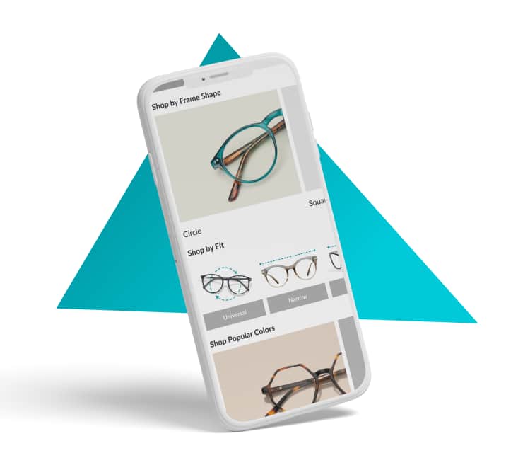 Image of a phone with the Zenni app open in front of a white background with a teal triangle behind it.