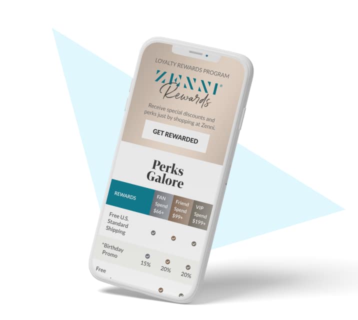 Image of a phone with the Zenni app open on the screen for Zenni rewards, in front.