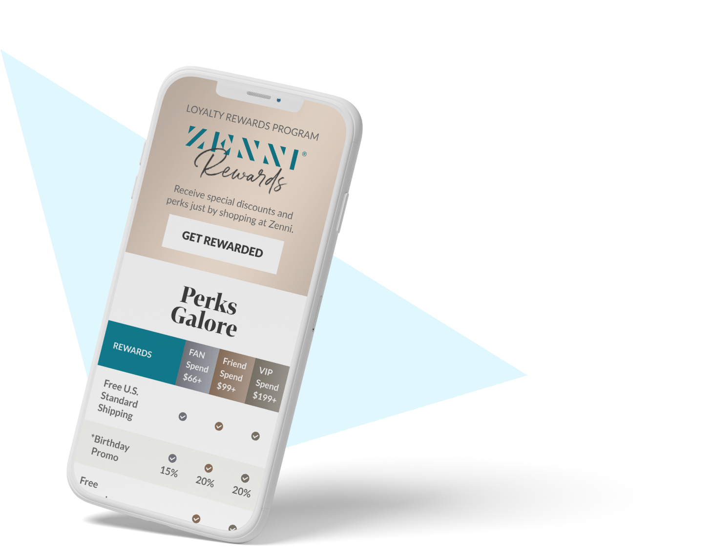 Image of a phone with the Zenni app open on the screen for Zenni rewards, in front 