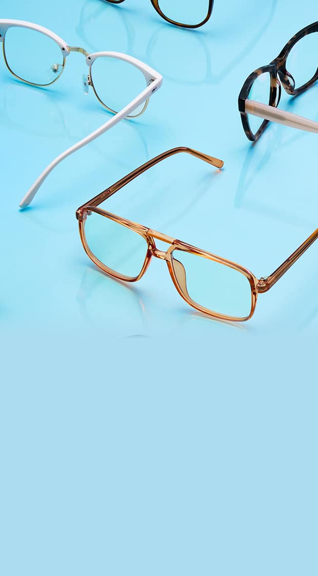 Zenni frame style quiz banner: 'Find Your Frames Faster' with Take Quiz button, surrounded by colorful glasses and sunglasses frames.