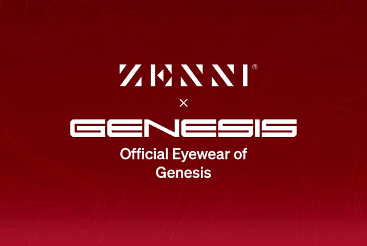 The Zenni logo and the Genesis logo (White stylized letters), over a red gradient color with a light red swirly lined pattern background.